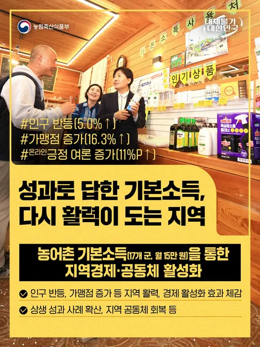 성과로 답한 기본소득, 다시 활력이 도는 지역. 농어촌 기본소득을 통한 지역경제·공동체 활성화. 농림축산식품부 제공 카드뉴스.