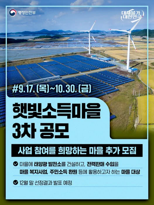 햇빛소득마을 3차 공모. 사업 참여를 희망하는 마을 추가 모집. 행정안전부 제공 카드뉴스.