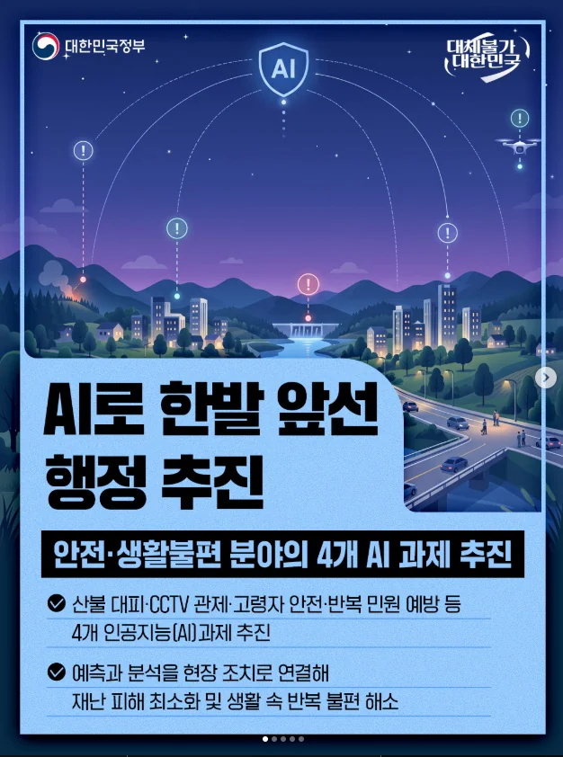 AI로 한발 앞선 행정 추진. 안전·생활불편 분야의 4개 AI 과제 추진. 대한민국정부 제공 카드뉴스.