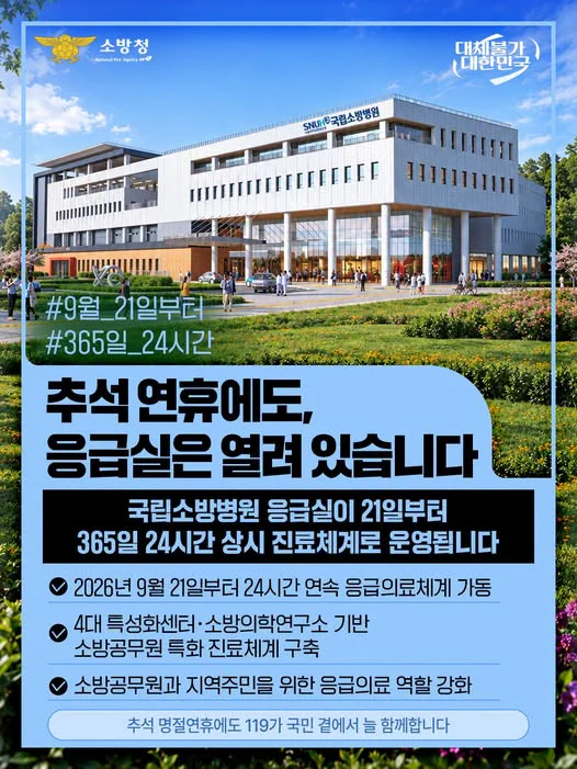 추석연휴에도, 응급실은 열려 있습니다. 국립소방병원 365일 24시간 상시 진료체계 운영. 소방청 제공 카드뉴스.