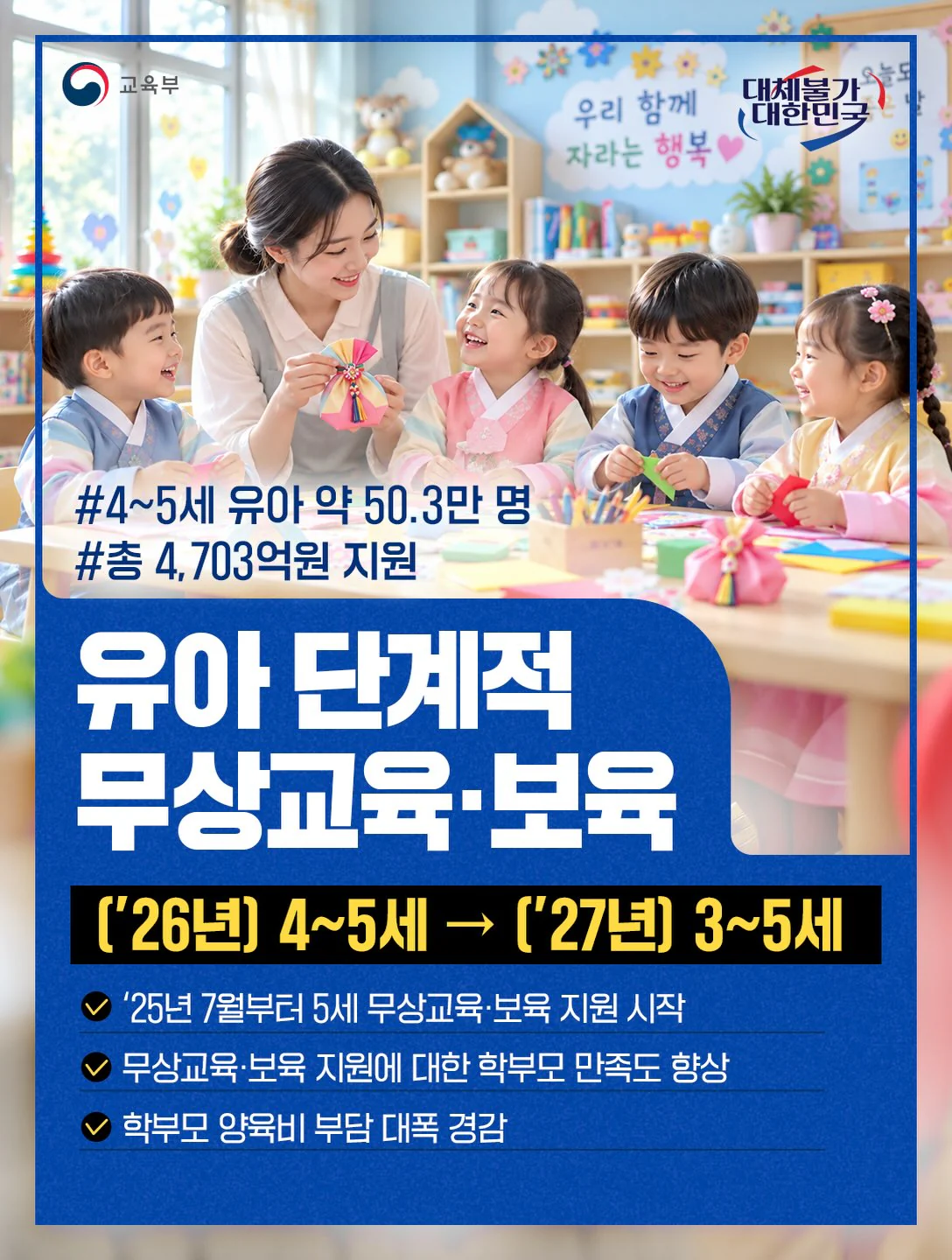 유아 단계적 무상교육·보육. 2026년 4~5세, 2027년 3~5세 지원. 교육부 제공 카드뉴스.