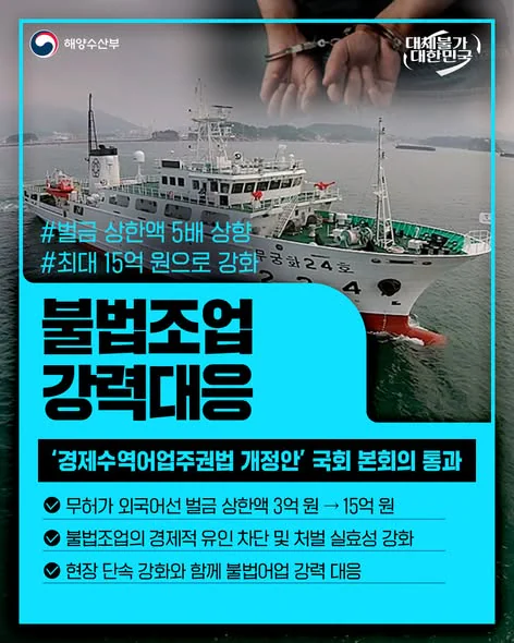 불법조업 강력대응. 경제수역어업주권법 개정안 국회 본회의 통과. 해양수산부 제공 카드뉴스.