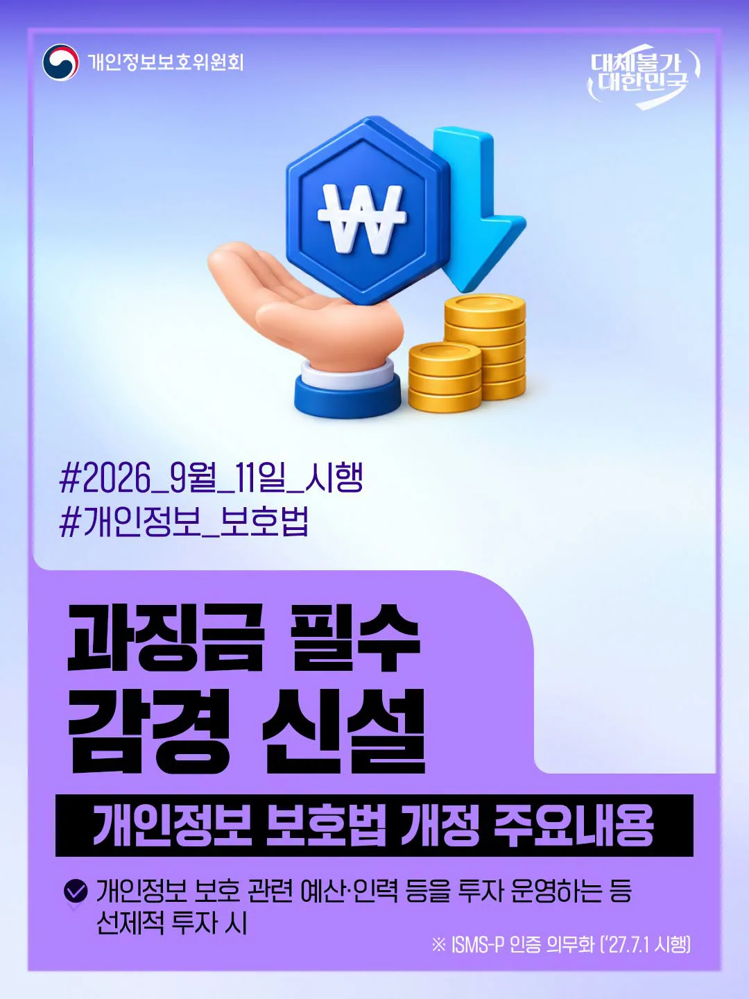 과징금 필수 감경 신설. 개인정보 보호에 대한 선제적 투자 시 감경. 개인정보보호위원회 제공 카드뉴스.