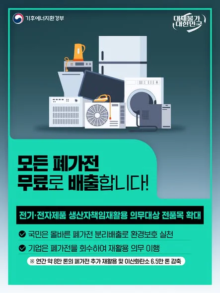 모든 폐가전 무료로 배출합니다!. 전기·전자제품 생산자책임재활용 의무대상 전품목 확대. 기후에너지환경부 제공 카드뉴스.